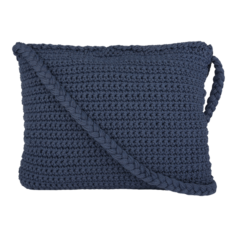 The Roxy Chips And Guac Medium Crossbody Bag is a navy blue crocheted rectangular bag with a thick braided strap, displayed against a plain white background—an everyday essential designed for hands-free convenience.