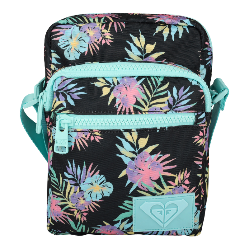 Small black crossbody bag with pastel-colored tropical leaf patterns, two zippered pockets, an adjustable turquoise strap, and a turquoise logo patch on the front—meet the Current Mood Crossbody Bag by Roxy, designed to keep essentials close in style.