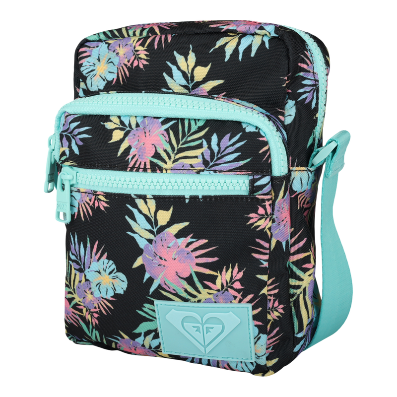 Small black crossbody bag with a pastel floral pattern, featuring two zippered compartments and a light blue strap. A light blue patch with the Roxy logo is on the front. The Current Mood Crossbody Bag offers an adjustable strap for comfortable wear, making it both stylish and practical for daily use.