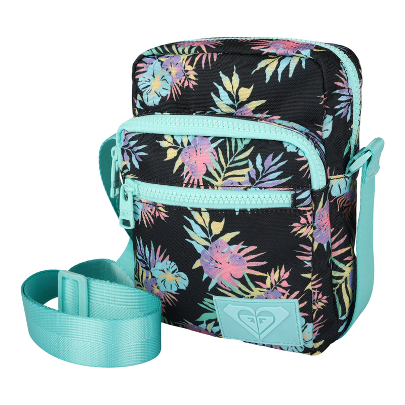 The Roxy Current Mood Crossbody Bag features a vibrant tropical floral print on a black background, accented by a turquoise strap. With its two zippered pockets and adjustable waist strap for easy comfort and style, it perfectly doubles as a chic waistpack.