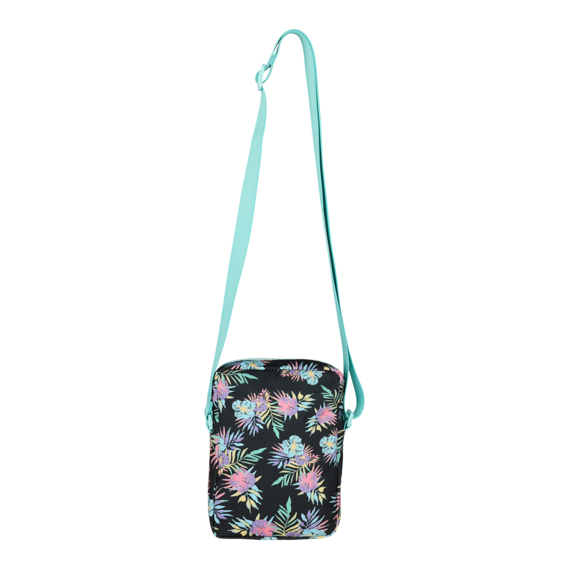 The Roxy Current Mood Crossbody Bag features a vibrant floral pattern with pink, green, and blue flowers and leaves on a small black design, complemented by a light blue adjustable waist strap—perfect for capturing the playful energy of the Roxy waistpack collection.