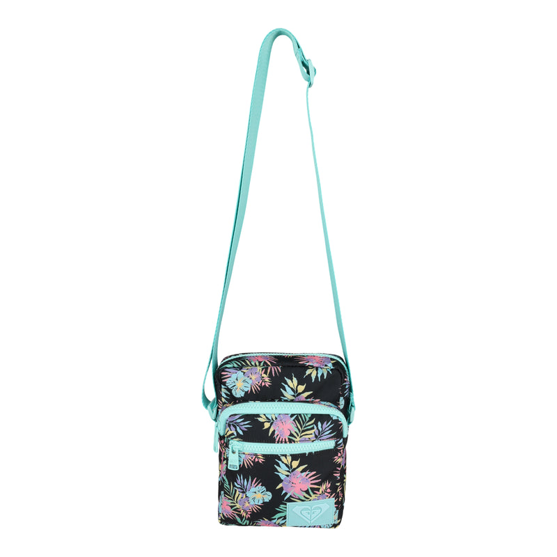 The Current Mood Crossbody Bag by Roxy in the Aquarella Active color features a playful pastel floral pattern, two zippered pockets, and an adjustable turquoise strap. Inspired by the iconic Roxy waistpack style, this bag is designed for comfort and versatility on the go.
