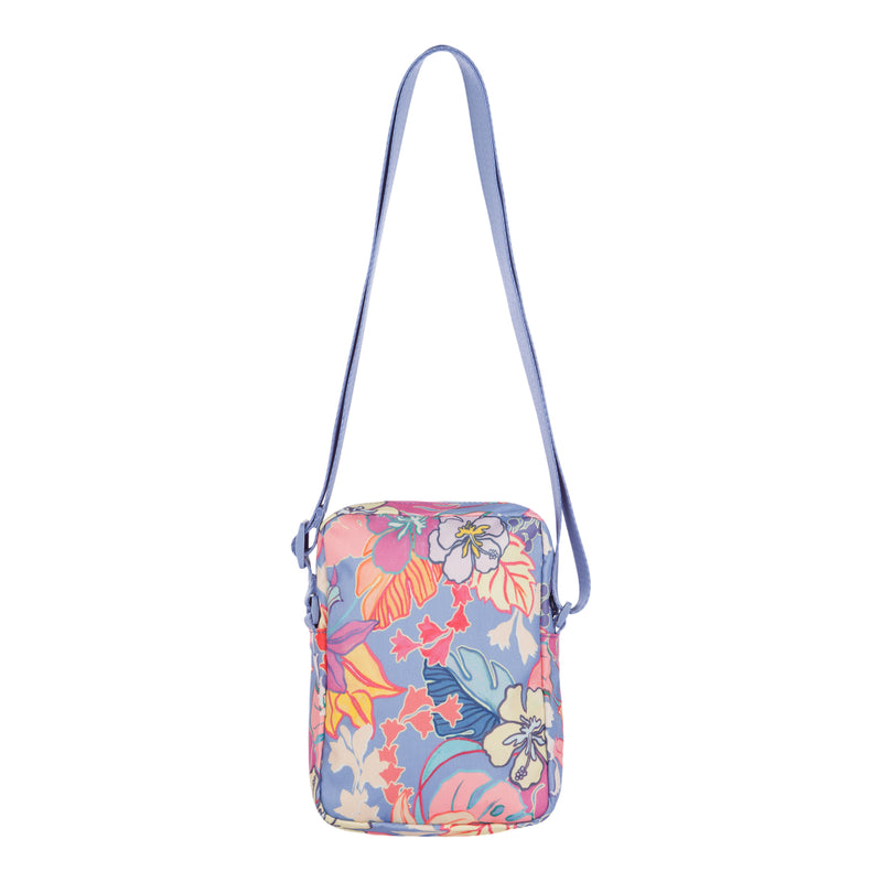 The ROXY Current Mood Crossbody Bag is a small rectangular bag featuring an adjustable pastel blue strap and a vibrant floral pattern with pink, yellow, and white flowers on a light blue background.