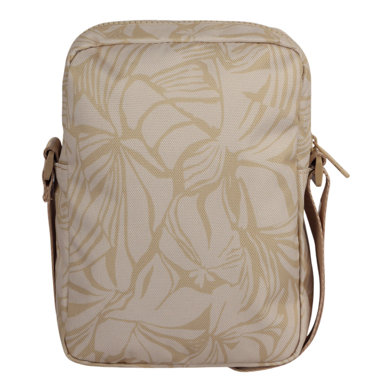 The Current Mood Crossbody Bag by ROXY is a beige rectangular handbag with a light tan abstract leaf pattern and an adjustable strap visible on both sides, shown against a white background.