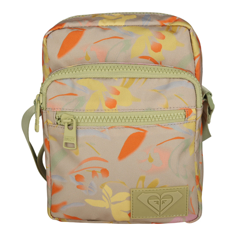 The Current Mood Crossbody Bag by Roxy in Fleeting Bloom features a small rectangular silhouette with pastel orange, yellow, and pink floral patterns, a front zipper pocket, main zipper compartment, adjustable strap, and a stitched logo patch at the bottom front—making it the perfect adventure companion for your daily outings.