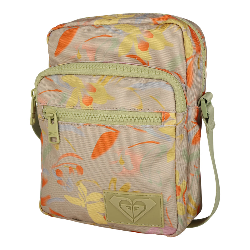 Introducing the Roxy Current Mood Crossbody Bag—a small rectangular crossbody bag adorned with a pastel floral pattern. This stylish waistpack features a convenient front zipper pocket, an adjustable strap for versatile, comfortable wear, and a heart-shaped logo patch at the bottom front. Perfect as your ideal adventure companion.