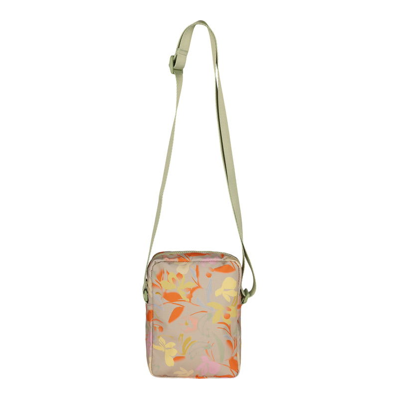 Introducing the Roxy Current Mood Crossbody Bag—this compact rectangular bag features a green adjustable waist strap and showcases a vibrant floral pattern in orange, yellow, and pink on a soft beige background, making it the perfect stylish companion for all your adventures.