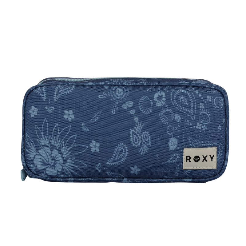 Introducing the Smarty Pack Supplies Organizer by Roxy—a blue rectangular pencil case featuring light blue floral and paisley patterns, a top zipper, and a fabric label with the ROXY logo on the front right corner. Crafted from recycled polyester, this organizer is perfect for keeping your school supplies neat and stylish.