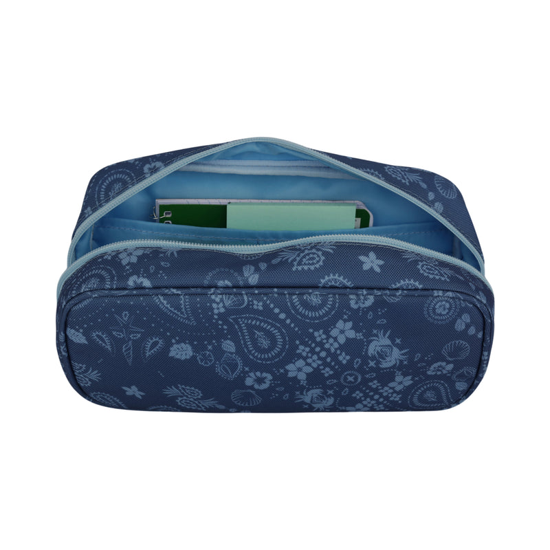 The Roxy Smarty Pack Supplies Organizer is a blue zippered pouch crafted from recycled polyester, featuring a light blue floral pattern. Partially open to show school supplies, notebooks, and papers inside, it’s a stylish and eco-friendly way to keep your essentials organized.