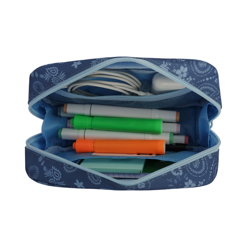The Roxy Smarty Pack Supplies Organizer is a blue zippered pouch with a floral pattern, crafted from recycled polyester. Opened, it reveals orange, green, and white markers, a white cable, a notepad, and pens inside—a perfect organizer for your school supplies.