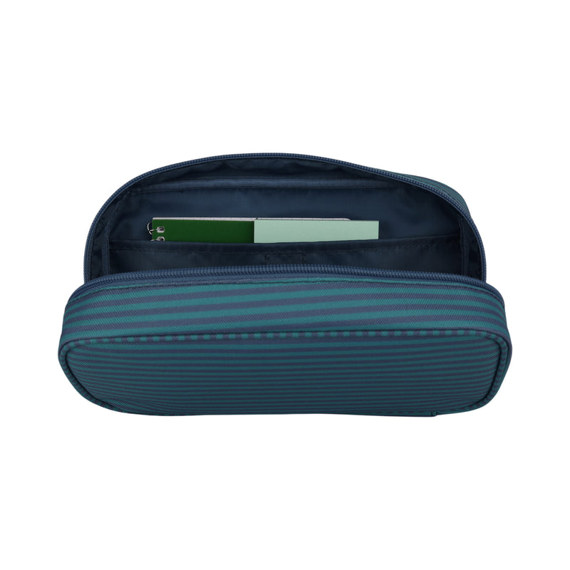 The Roxy Smarty Pack Supplies Organizer is a blue zippered pouch featuring horizontal stripes, pictured open to reveal two rectangular items—ideal for carrying notebooks or small books. Perfect for organizing your school supplies in style, it’s crafted from recycled polyester.