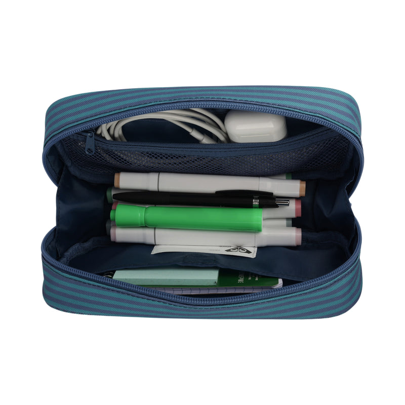 The Roxy Smarty Pack Supplies Organizer is a blue striped zippered pouch made from recycled polyester, opening to reveal neatly organized school essentials such as pens, markers, a charging cable, an earbud case, and a small notebook inside.