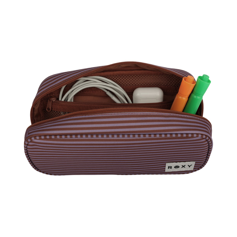 A brown and purple striped Smarty Pack Supplies Organizer from Roxy, crafted from recycled polyester, is unzipped to reveal a functional interior holding two markers, a coiled charging cable, and a white case neatly arranged inside.
