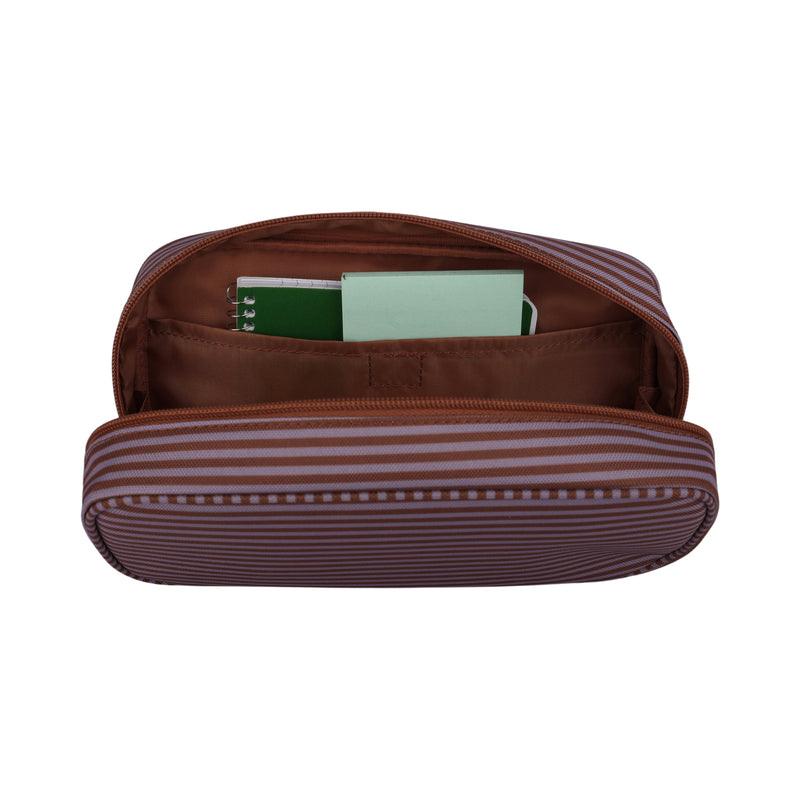 The Roxy Smarty Pack Supplies Organizer, featuring brown and white stripes and a zippered closure, is crafted from recycled polyester. Displayed against a white background, it is shown open with a green notebook and light blue booklet tucked inside its inner pocket.