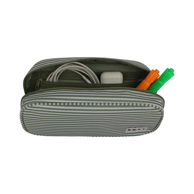 The Roxy Smarty Pack Supplies Organizer, featuring green and white stripes and crafted from recycled polyester, is shown unzipped with a white charging cable, a white adapter, and two markers (orange and green) inside. This versatile pouch is ideal for keeping school supplies and tech essentials organized.