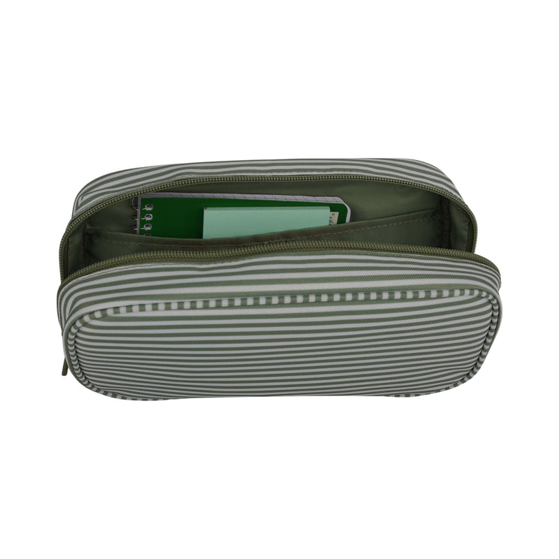 The Smarty Pack Supplies Organizer by Roxy is a green and white striped zippered pouch made from recycled polyester, shown open to reveal a small green notebook and a folded piece of paper inside—perfect for keeping your school supplies stylishly organized.