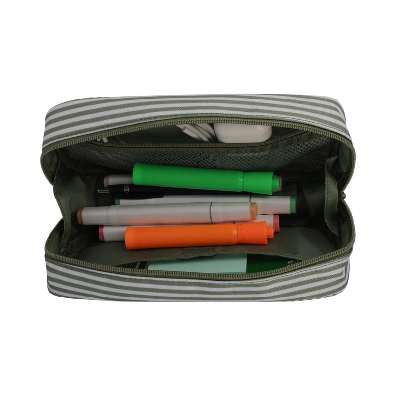 Unzipped and viewed from above, the Roxy Smarty Pack Supplies Organizer—a striped pencil case thoughtfully crafted from recycled polyester—reveals green, orange, and pink markers inside, with a mesh pocket visible on the lid, offering an ideal solution for organizing your school supplies.