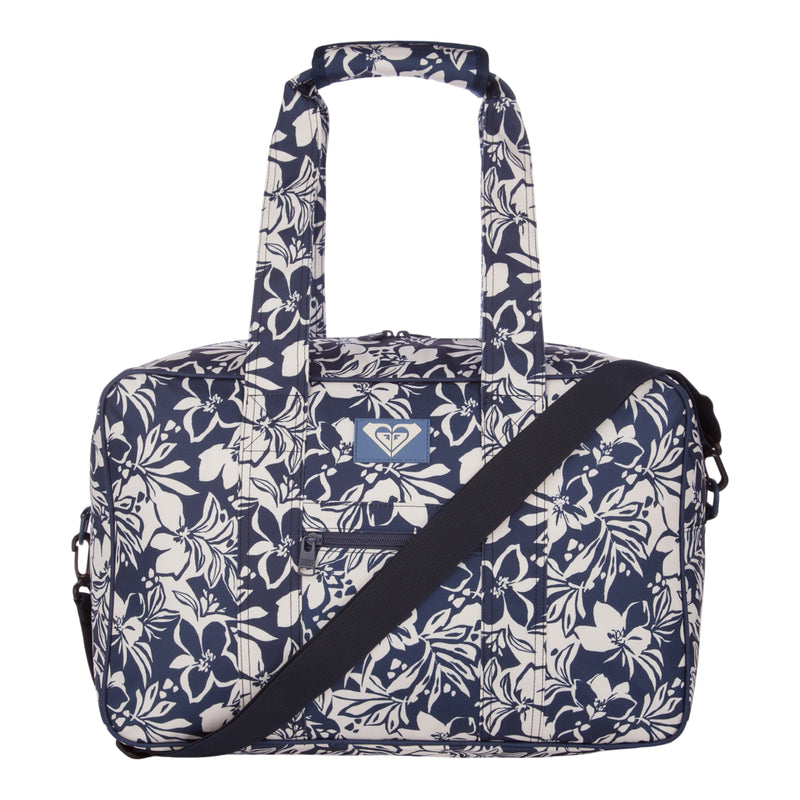 Introducing the Off Shore Duffel Bag by Roxy—a versatile travel companion crafted for your on-the-go lifestyle. Showcasing a stylish navy blue and white floral pattern, this duffel features two sturdy handles, a convenient shoulder strap, and a small front pocket to keep your essentials easily accessible.