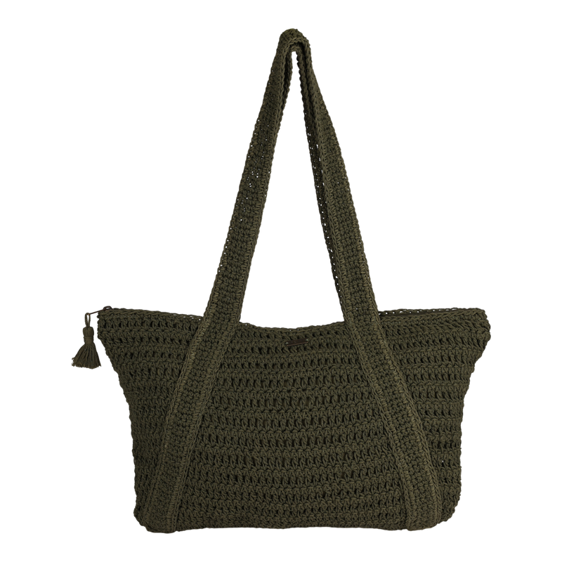 The Roxy Chips And Guac Tote Bag is a dark green, hand-crocheted tote featuring two long shoulder straps and a tassel zipper pull on the zippered top, shown against a plain white background—a spacious and stylish choice for your everyday travels.