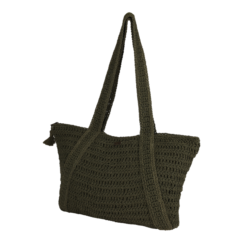 The Roxy Chips And Guac Tote Bag is a dark green, crocheted spacious tote with wide shoulder straps and a zippered top closure, shown on a plain white background—making it the perfect travel companion for your daily essentials.