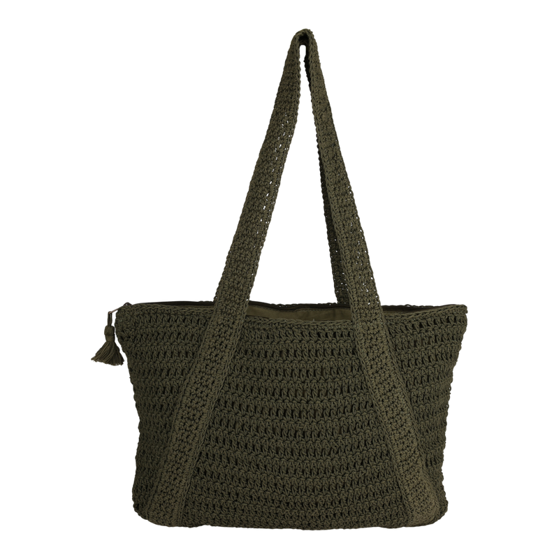 The Roxy Chips And Guac Tote Bag is a large, olive green crocheted tote featuring two wide shoulder straps and a small tassel attached to the zippered top—this spacious bag is the perfect travel companion for any adventure.