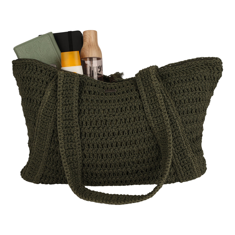 Introducing the Chips And Guac Tote Bag by Roxy—a spacious green crocheted tote featuring two sturdy handles. Designed to keep your essentials organized, it comes with a matching green wallet, a black and yellow bottle, a clear spray bottle, and a wooden-capped bottle. Ideal for travel, this versatile bag ensures everything you need is easily accessible on the go.