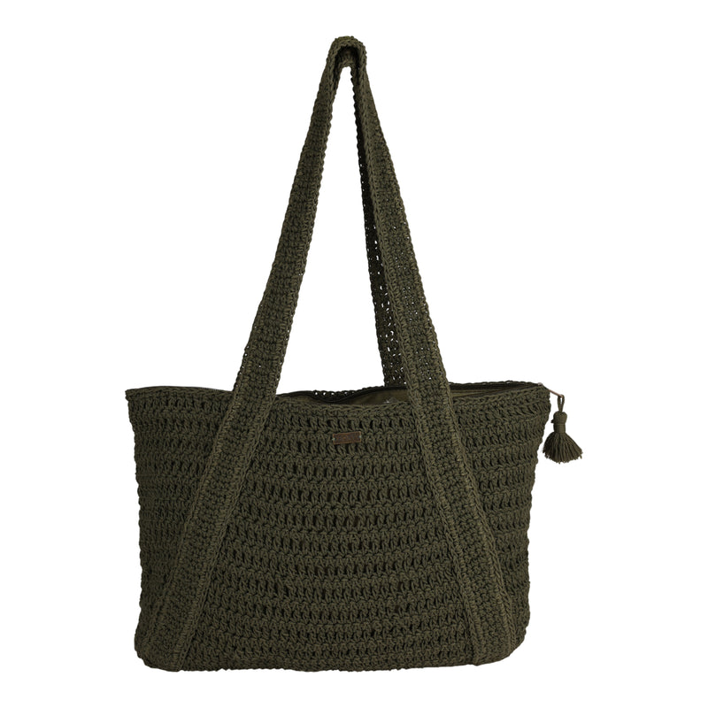 The Roxy Chips And Guac Tote Bag in Oil Green features a woven design, zippered top closure, dual shoulder straps, and a small tassel accent on the zipper—making it the perfect blend of style and practicality for your travels.