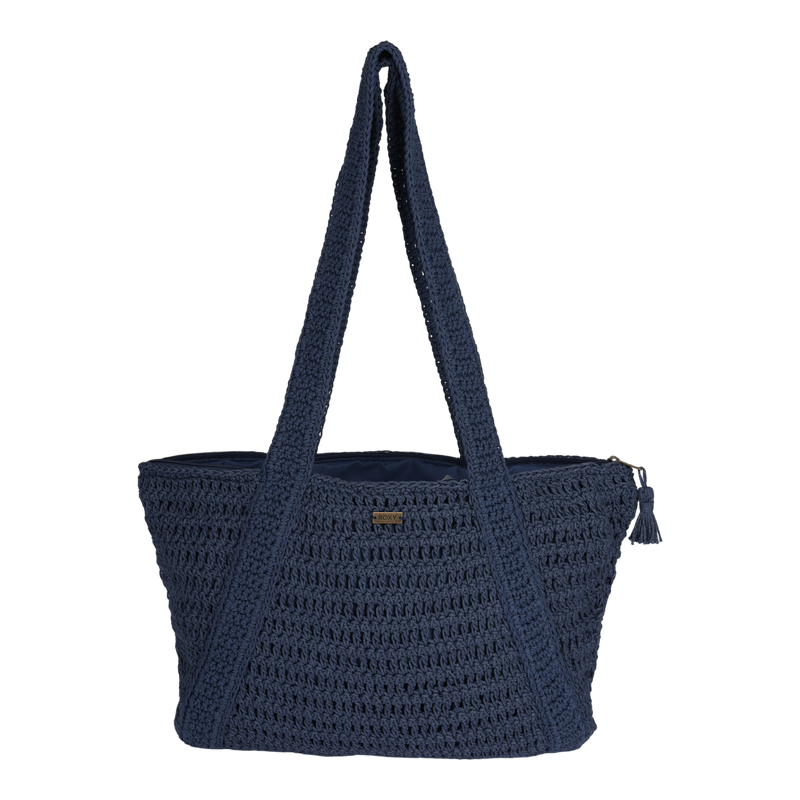Introducing the Chips And Guac Tote Bag by Roxy in Vintage Indigo—a spacious woven tote featuring two shoulder straps, a zippered top closure adorned with a small tassel, and a subtle brand logo on the front—making it the perfect travel companion.