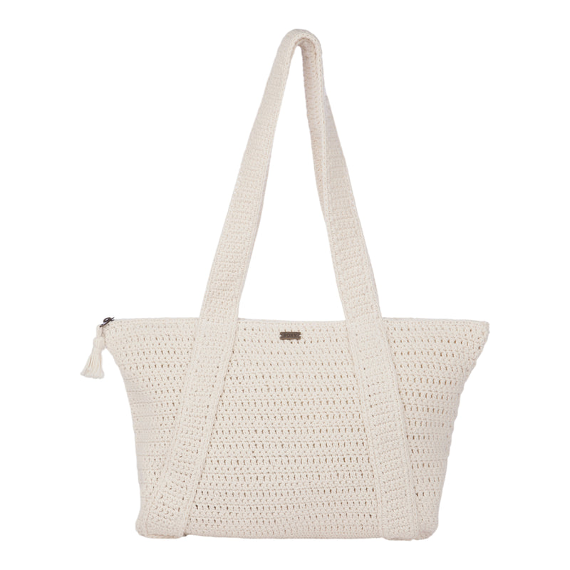 Introducing the Chips And Guac Tote Bag by Roxy in Egret—a crocheted, cream-colored spacious tote featuring two wide shoulder straps and a zippered top closure accented with a playful tassel. Your perfect travel companion!.