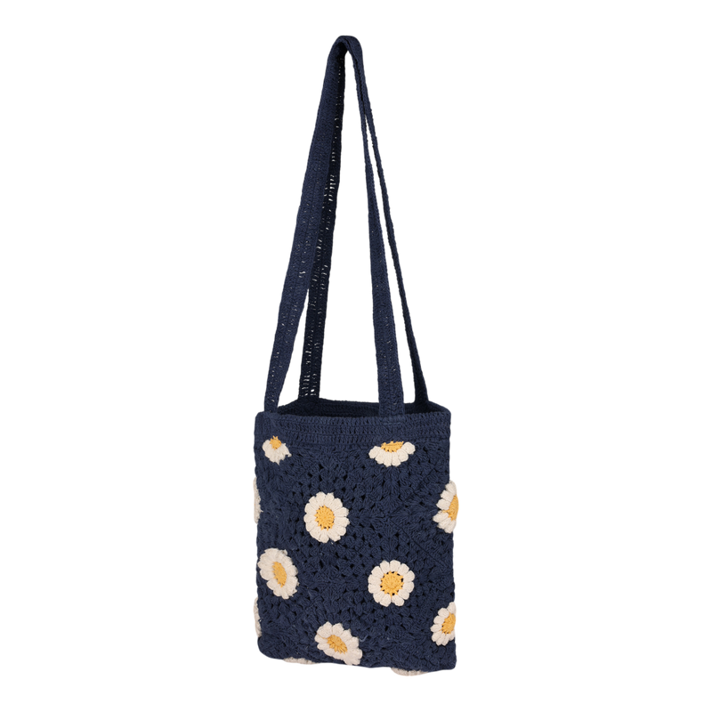 Introducing the Roxy Wandering Beach Crochet Tote Bag, a navy blue bag beautifully adorned with white and yellow daisy flower patterns. Lightweight with a convenient long strap, this tote is ideal as a chic beach accessory or for everyday use.