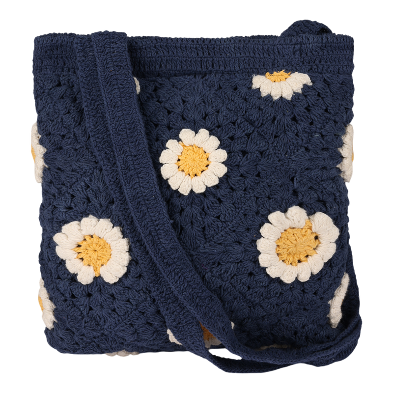 Introducing the Roxy Wandering Beach Crochet Tote Bag—a navy blue crocheted shoulder bag adorned with white and yellow daisy patterns. This charming square-shaped tote features a long strap, making it the perfect lightweight companion for everyday outings or your next beach adventure.