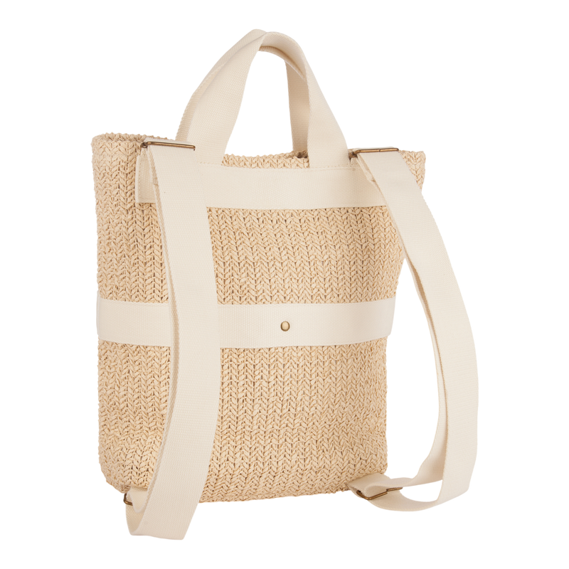 The Roxy Sunny Stash Backpack is a beige woven tote-style bag with cream-colored fabric handles and an adjustable shoulder strap. It features a decorative horizontal strap and a small gold stud on the front, making it a stylish alternative to traditional backpacks—perfect for anyone who loves the effortless, beachy vibe of Roxy accessories.