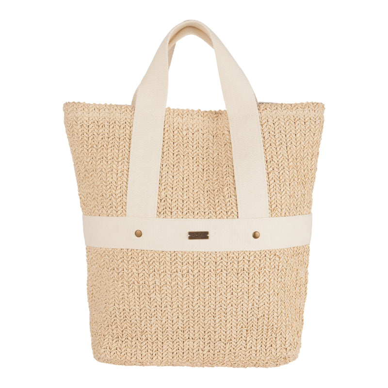 The Roxy Sunny Stash Backpack in Hibiscus Hype features woven straw construction, two wide cream fabric handles, and a matching cream band around the middle with a small metal logo plate—making it a perfect choice for those seeking a stylish alternative to traditional backpacks for effortless beach days.