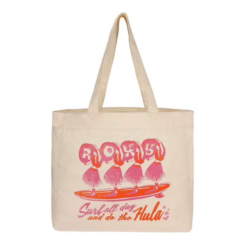 Introducing the ROXY Surf All Day Tote Bag—an eco-friendly beige recycled cotton tote adorned with vibrant pink and orange graphics. Four hula dancers spell out ROXY with their skirts, standing atop a large orange surfboard. Below them, the text reads "Surfall day and do the Hula." Perfect for any beach adventure!.