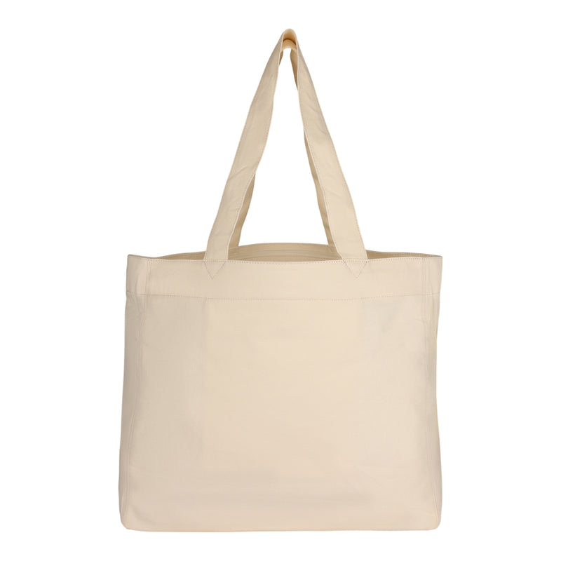 The ROXY Clean Your Beach Tote Bag, crafted from beige printed canvas and featuring two handles, is pictured empty against a plain white background. Its eco-friendly, simple design stands out clearly in the image.