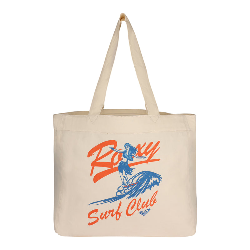 Introducing the ROXY Surf Club Tote Bag—a beige recycled cotton bag adorned with an illustration of a woman surfing and the phrase “Roxy Surf Club” in bold red and blue lettering.