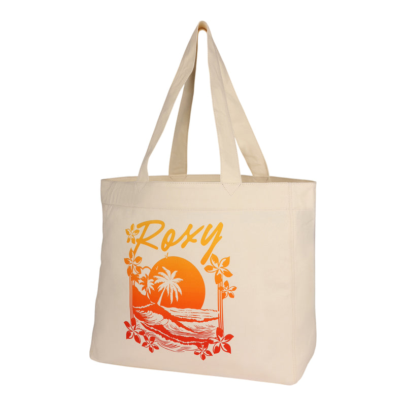 Introducing the Roxy Sunset Tote Bag by ROXY – an eco-friendly beige canvas tote expertly designed for your everyday adventures. The front showcases vibrant orange and red floral details, palm trees, waves, and a tropical sunset, with "Roxy" highlighted in bold yellow script. Combining spirited style with sustainability, this tote is perfect for carrying all your essentials.