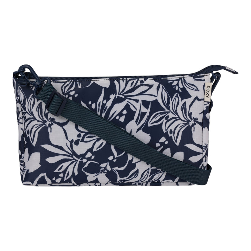 A navy blue and white floral-patterned crossbody from the Roxy Travel Pouch Set, featuring an adjustable strap and a zipper closure—ideal for keeping your essentials organized on the go.
