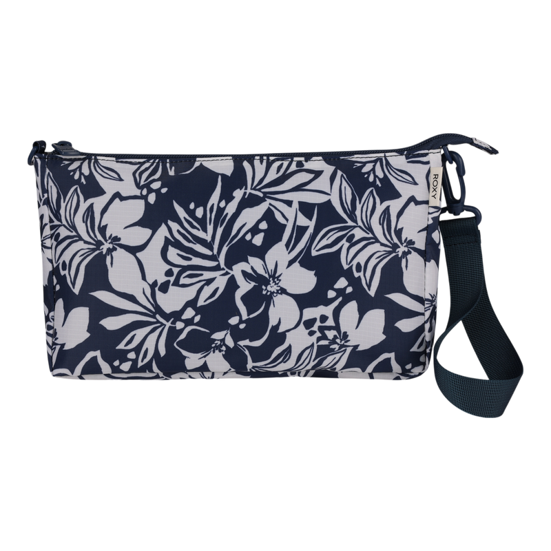 The Roxy Travel Pouch Set features a navy blue pouch printed with white florals, a top zipper closure, and a detachable navy strap on the right—ideal for organized travel.