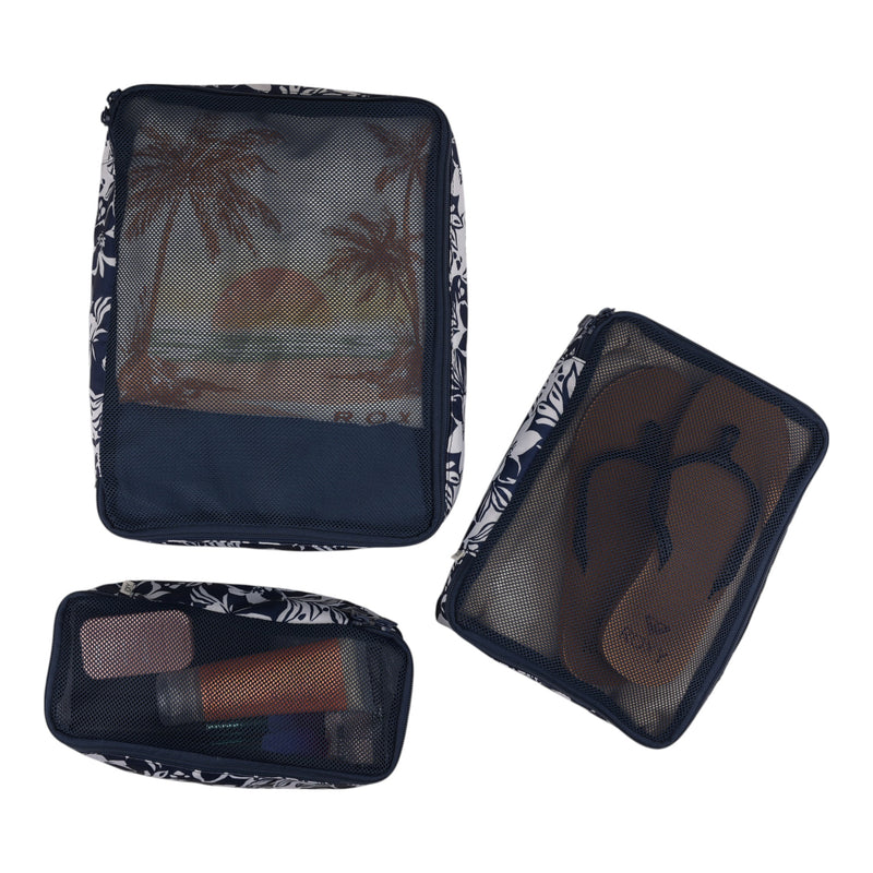 Keep your suitcase organized and your essentials secure on every journey with the Roxy Packing Cube Set. This set includes three mesh packing cubes made from lightweight ripstop fabric: one featuring a sunset and palm trees print, one designed for storing brown flip-flops, and another perfect for organizing toiletries like a toothbrush and travel bottles.