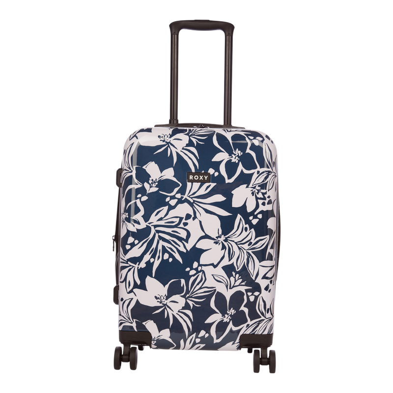 The Roxy Up And Away Hardside Spinner Carry-On Luggage features a stylish navy blue design with white floral patterns, a durable black handle, four sturdy spinner wheels, and a prominent ROXY logo on the front—making it the perfect choice for travelers seeking both durability and style.