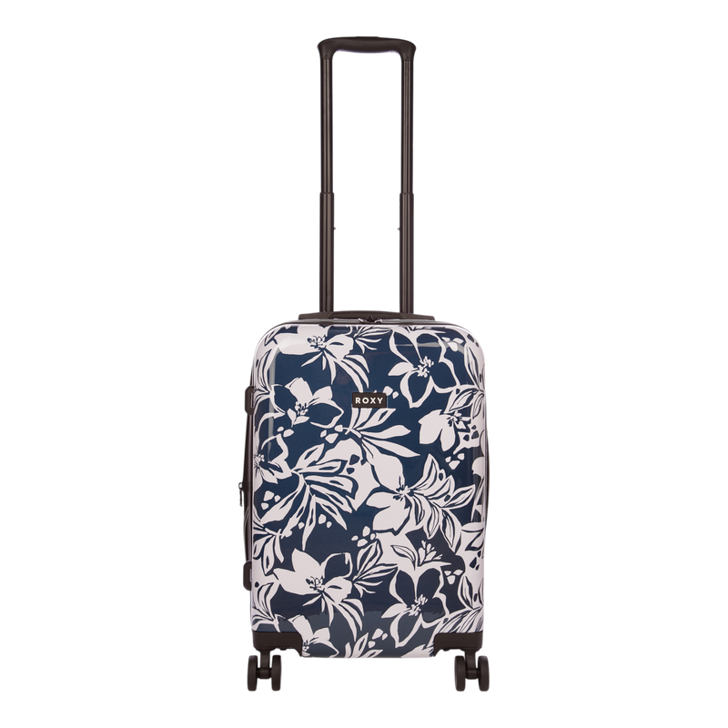 The Roxy Up And Away Hardside Spinner Carry-On Luggage features a navy blue and white floral pattern, four spinner wheels, and an extended telescopic handle. Displayed against a plain white background, this durable suitcase is a stylish travel choice.