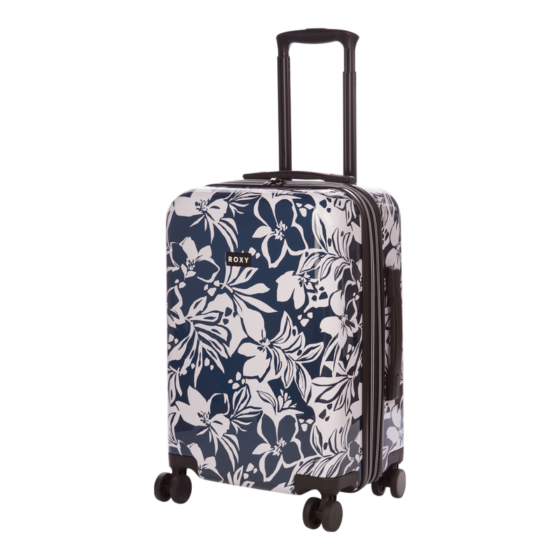 The Roxy Up And Away Hardside Spinner Carry-On Luggage is a navy blue 22″ suitcase with white floral patterns, designed with four black spinner wheels and a black telescoping handle. This durable hard-shell carry-on features the Roxy brand logo on the front.