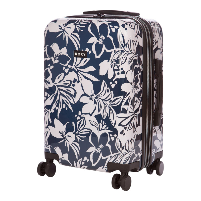 A navy blue Roxy Up And Away Hardside Spinner Carry-On Luggage featuring white floral patterns, black trim, and four black spinner wheels—perfect stylish 22″ travel luggage.