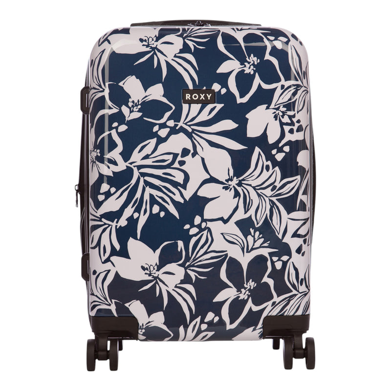 The Roxy Up And Away Hardside Spinner Carry-On Luggage in Oceanside features a durable hardshell construction with white floral patterns, black trim, four spinner wheels, and a ROXY logo on the front.