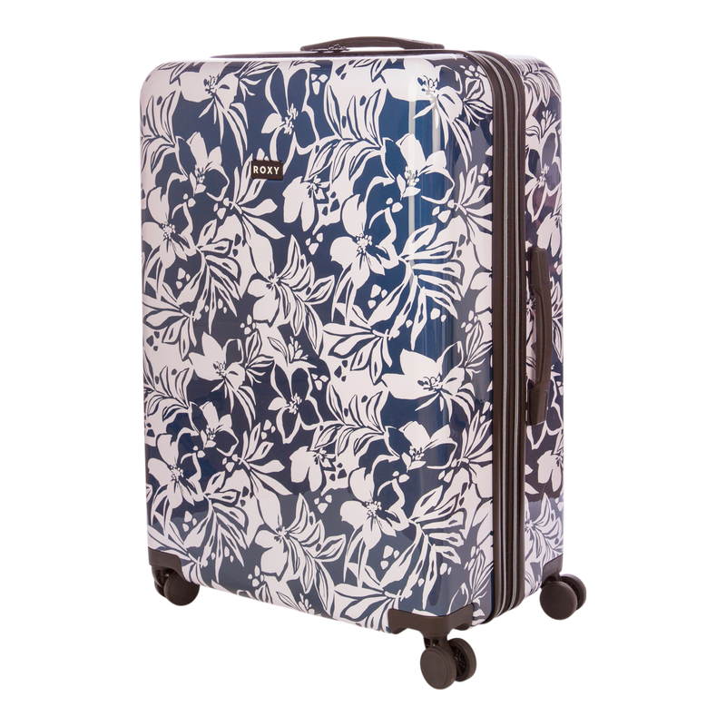 The Roxy Up And Away Hardside Spinner Large Luggage is a spacious suitcase with a blue and white floral design, crafted from durable PC/ABS shell material. It features four spinner wheels for effortless maneuverability, a side handle, and a secure zipper closure.