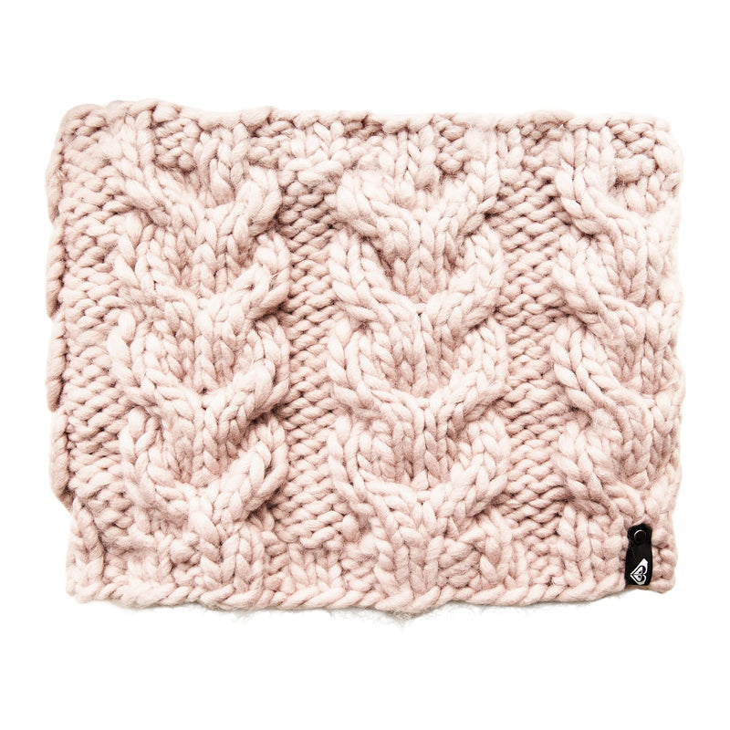 The Roxy Winter Collar in Zephyr pink is a rectangular, chunky knit scarf featuring a thick cable pattern and a small black tag in the bottom right corner—perfect as a cozy winter collar or chunky knit neck warmer for women.