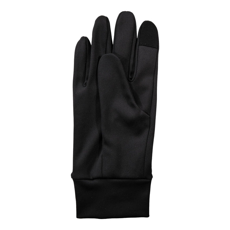 A single Hydrosmart Liner Glove by Roxy, crafted from smooth black fabric, is displayed palm-down against a white background. The glove has a fitted cuff and features four visible fingers and a thumb, highlighting the sleek design of these touchscreen-compatible gloves.