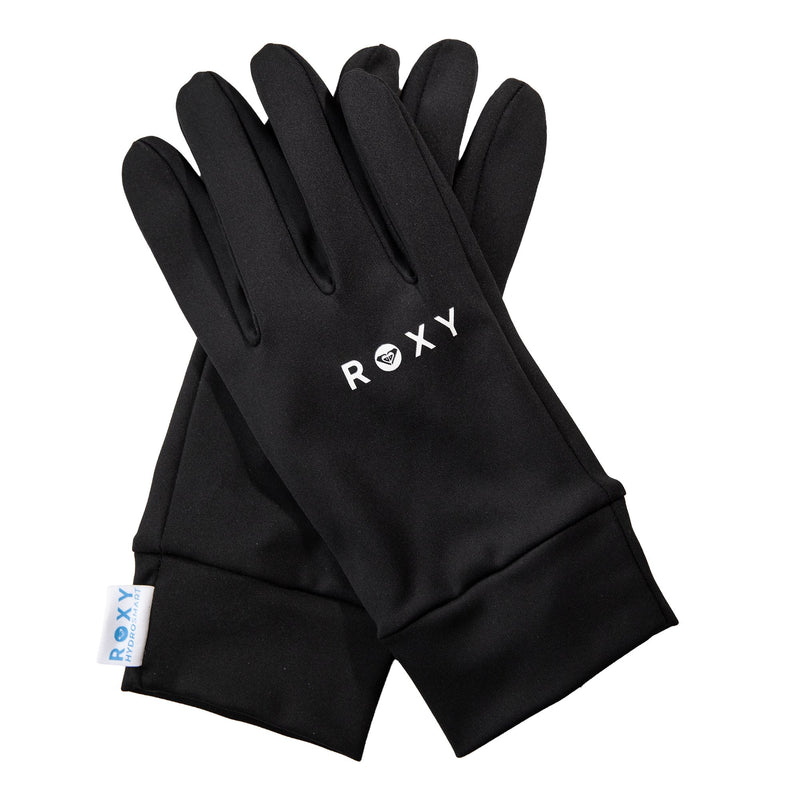 A pair of black Roxy Hydrosmart Liner Gloves featuring the brand logo on the back of one glove and a small Roxy tag on the cuff. These women’s fleece gloves are also touchscreen-compatible for added convenience.