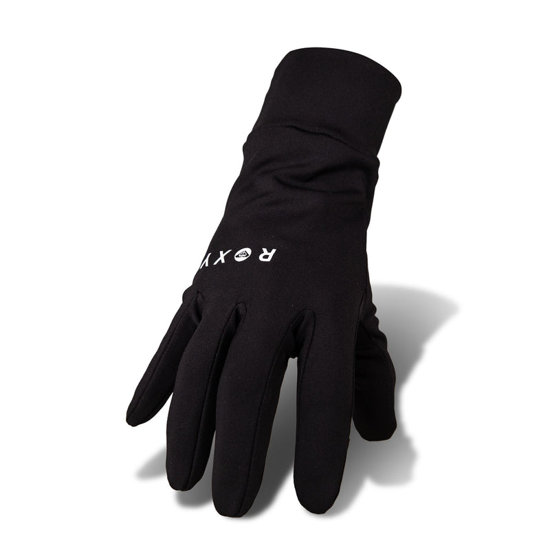A pair of black Hydrosmart Liner Gloves by Roxy, featuring “ROXY” in white letters on the back, is displayed on a white background with a soft shadow. These women’s fleece gloves combine style with touchscreen-compatible fingertips for added convenience.